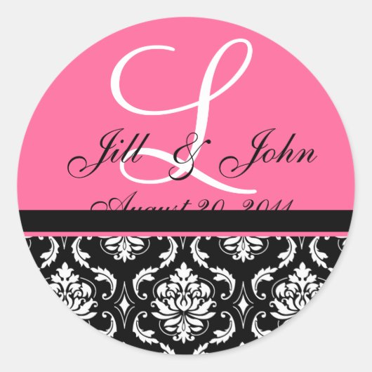Bruiloft Monogram Initiaal Namen Roze Damast Seal Ronde Sticker (Voorkant)