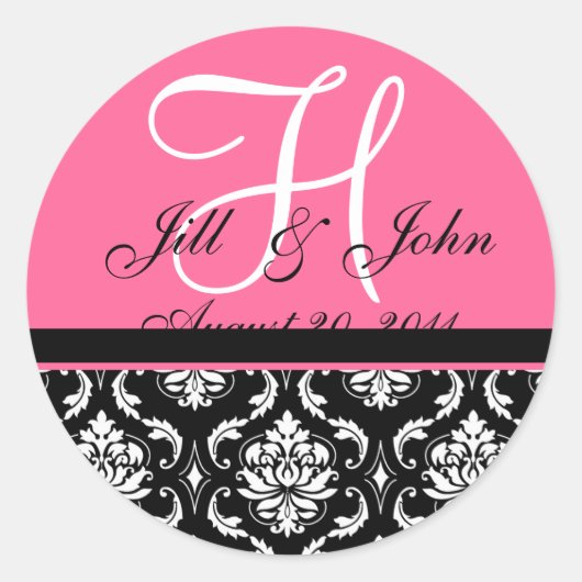 Bruiloft Monogram Initiaal Namen Roze Damast Seal Ronde Sticker (Voorkant)