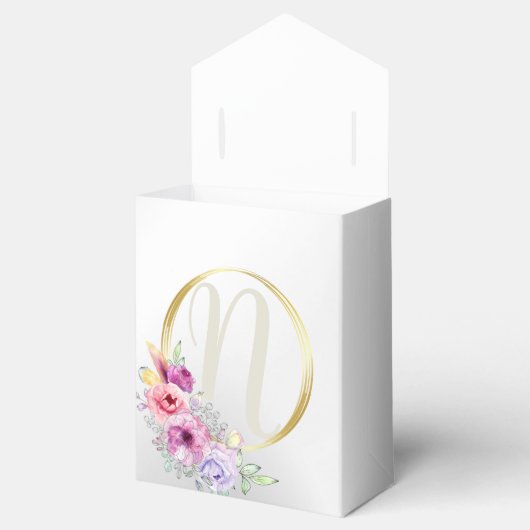 Bruiloft Monogram Kleurrijke Roze Bloemen Gouden Bedankdoosjes (Geopend)