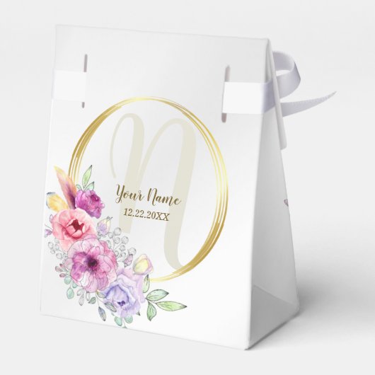 Bruiloft Monogram Kleurrijke Roze Bloemen Gouden Bedankdoosjes (Achterkant)