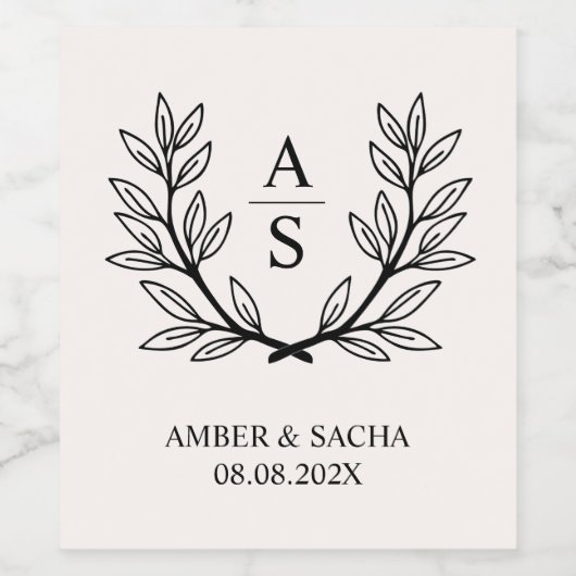Bruiloft Monogram Logo met krans Wijn Etiket (Enkel label)