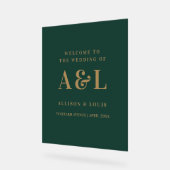 Bruiloft Monogram Minimalist Emerald Groen Goud Acryl Bord (Hoek)