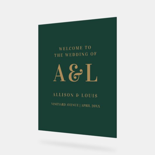 Bruiloft Monogram Minimalist Emerald Groen Goud Acryl Bord (Hoek)