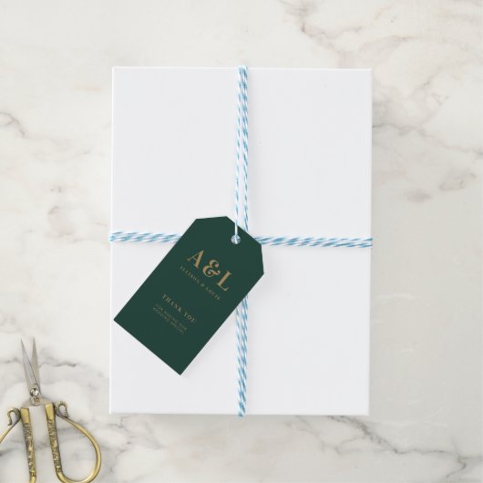 Bruiloft Monogram Minimalist Emerald Groen Goud Cadeaulabel (Met Touw)