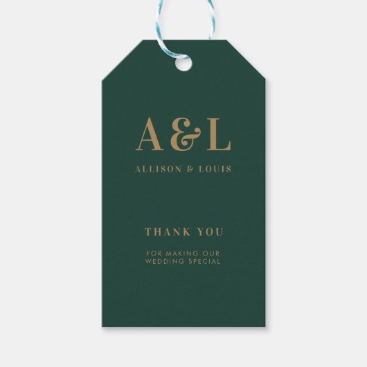 Bruiloft Monogram Minimalist Emerald Groen Goud Cadeaulabel (Voorkant)