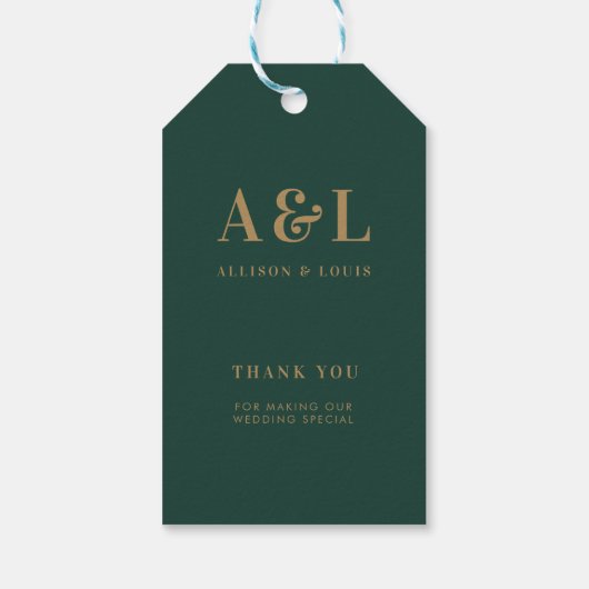 Bruiloft Monogram Minimalist Emerald Groen Goud Cadeaulabel (Achterkant)