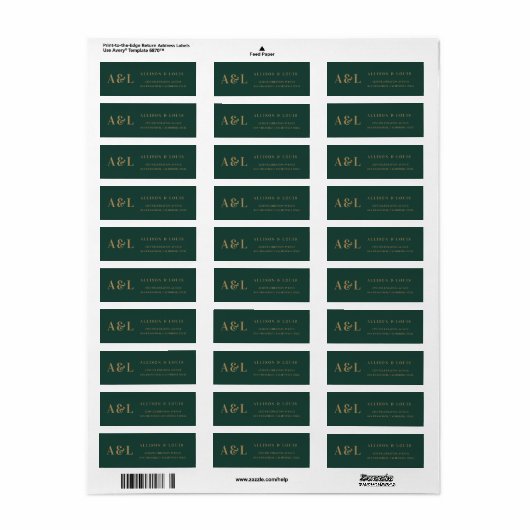 Bruiloft Monogram Minimalist Emerald Groen Goud Etiket (Full Sheet)