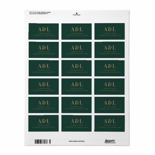 Bruiloft Monogram Minimalist Emerald Groen Goud Etiket (Full Sheet)
