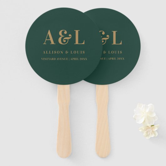Bruiloft Monogram Minimalist Emerald Groen Goud Handwaaier (Voorkant en achterkant)