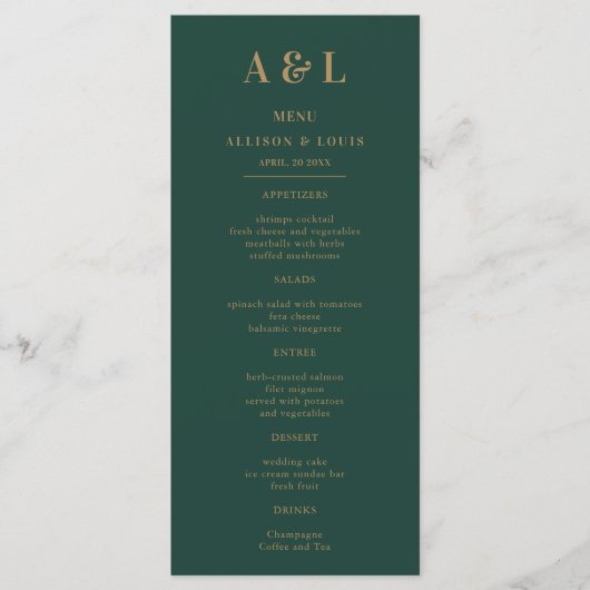 Bruiloft Monogram Minimalist Emerald Groen Goud Menu (Voorkant)