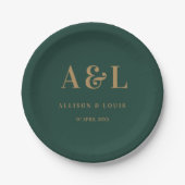Bruiloft Monogram Minimalist Emerald Groen Goud Papieren Bordje (Voorkant)