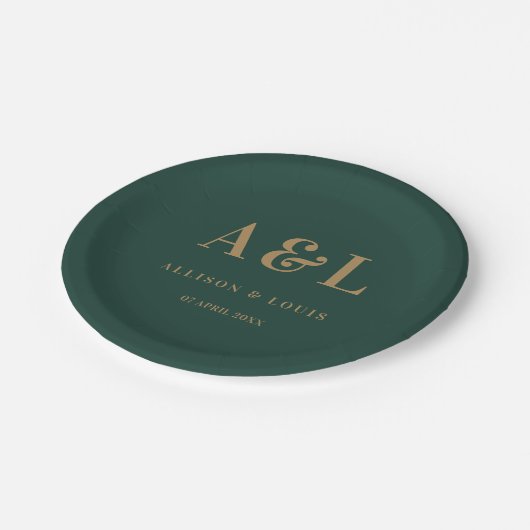 Bruiloft Monogram Minimalist Emerald Groen Goud Papieren Bordje (Gekanteld)