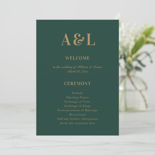 Bruiloft Monogram Minimalist Emerald Groen Goud Programmakaart (Staand voorkant)