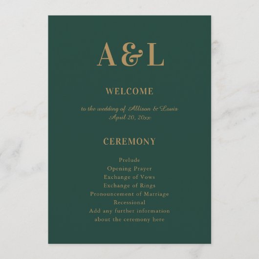 Bruiloft Monogram Minimalist Emerald Groen Goud Programmakaart (Voorkant)