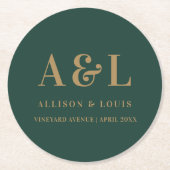Bruiloft Monogram Minimalist Emerald Groen Goud Ronde Kartonnen Onderzetter (Voorkant)