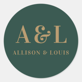 Bruiloft Monogram Minimalist Emerald Groen Goud Ronde Sticker