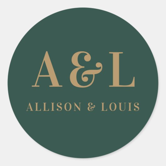 Bruiloft Monogram Minimalist Emerald Groen Goud Ronde Sticker (Voorkant)