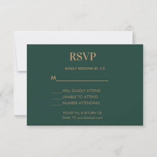 Bruiloft Monogram Minimalist Emerald Groen Goud RSVP Kaartje (Voorkant)