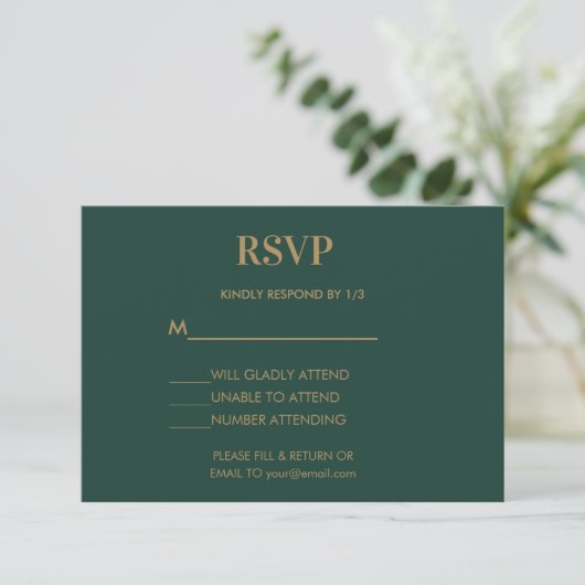 Bruiloft Monogram Minimalist Emerald Groen Goud RSVP Kaartje (Staand voorkant)