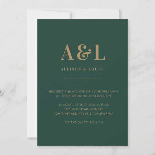 Bruiloft Monogram Minimalist Emerald Groen Goud Save The Date (Voorkant)