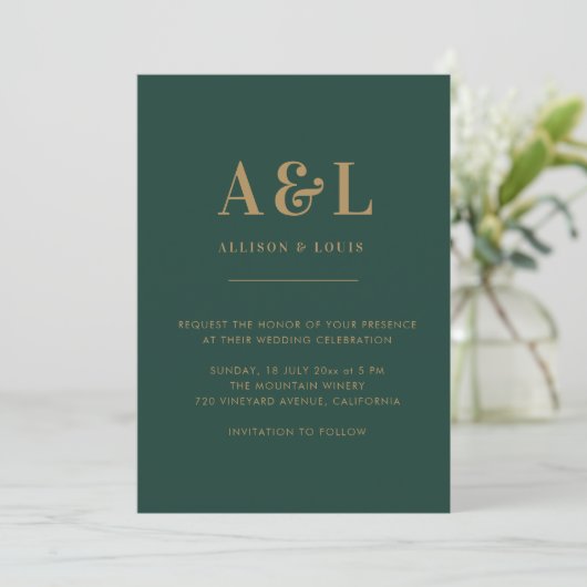 Bruiloft Monogram Minimalist Emerald Groen Goud Save The Date (Staand voorkant)