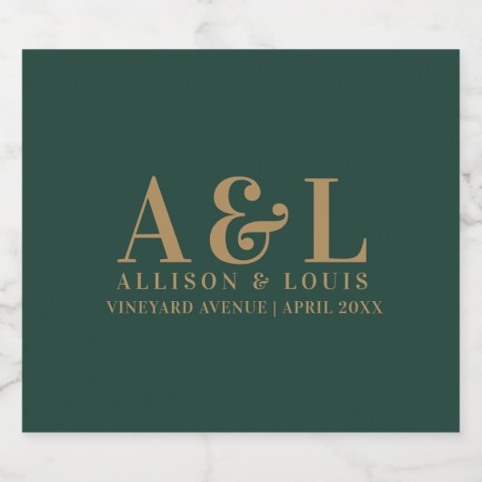Bruiloft Monogram Minimalist Emerald Groen Goud Sparkling Wijnetiket (Enkel label)