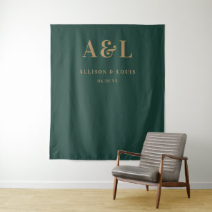 Bruiloft Monogram Minimalist Emerald Groen Goud Wandkleed