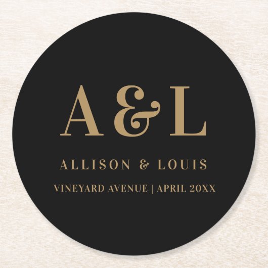 Bruiloft Monogram Minimalist Zwart Goud Ronde Kartonnen Onderzetter (Voorkant)