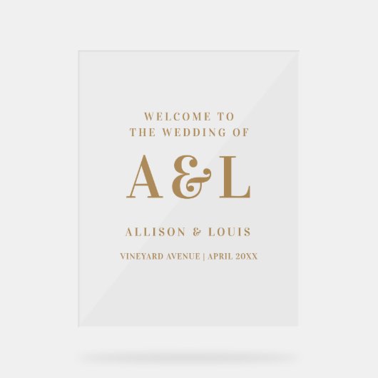 Bruiloft Monogram Minimalistisch Wit Goud Acryl Bord (Voorkant)