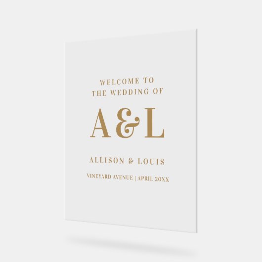 Bruiloft Monogram Minimalistisch Wit Goud Acryl Bord (Hoek)