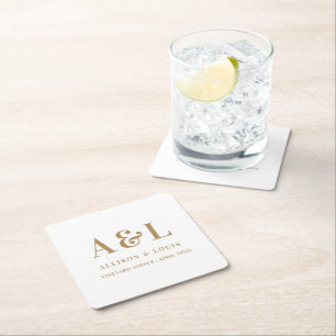 Bruiloft Monogram Minimalistisch Wit Goud Kartonnen Onderzetters