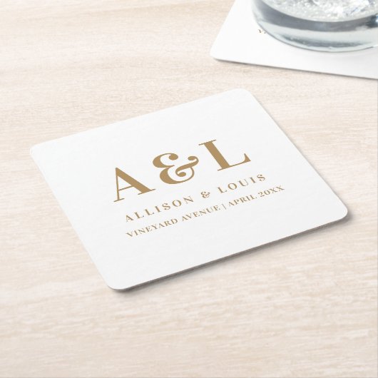 Bruiloft Monogram Minimalistisch Wit Goud Kartonnen Onderzetters (Schuin)