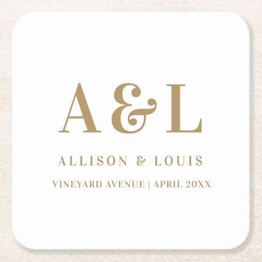 Bruiloft Monogram Minimalistisch Wit Goud Kartonnen Onderzetters (Voorkant)