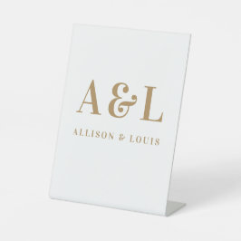 Bruiloft Monogram Minimalistisch Wit Goud Reclamebord Met Voetstuk