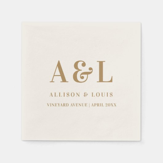 Bruiloft Monogram Minimalistisch Wit Goud Servet (Voorkant)