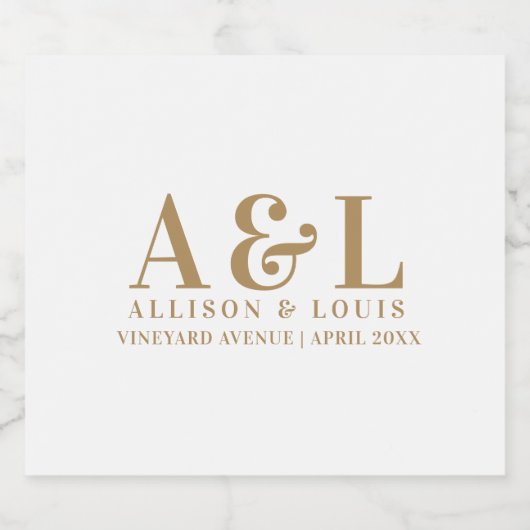 Bruiloft Monogram Minimalistisch Wit Goud Sparkling Wijnetiket (Enkel label)