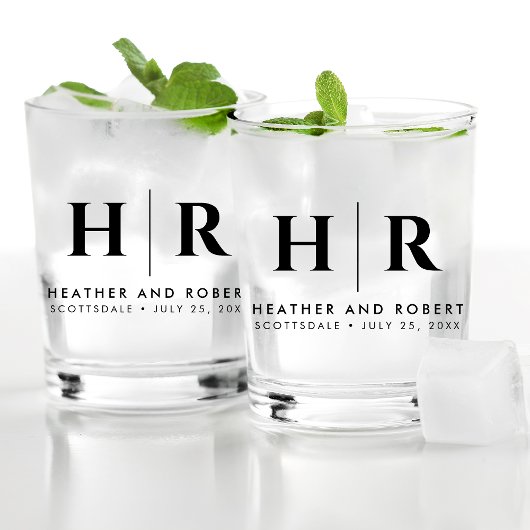 Bruiloft Monogram Moderne Custom Bruid en bruidego Whisky Glas