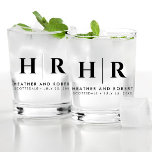 Bruiloft Monogram Moderne Custom Bruid en bruidego Whisky Glas