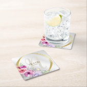 Bruiloft Monogram Naam Kleurrijke Roze Bloemen Gou Kartonnen Onderzetters (Insitu)