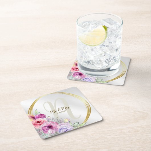 Bruiloft Monogram Naam Kleurrijke Roze Bloemen Gou Kartonnen Onderzetters (Insitu)