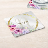 Bruiloft Monogram Naam Kleurrijke Roze Bloemen Gou Kartonnen Onderzetters (Schuin)