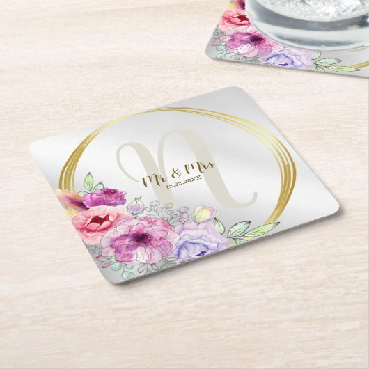 Bruiloft Monogram Naam Kleurrijke Roze Bloemen Gou Kartonnen Onderzetters (Schuin)