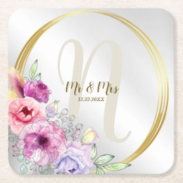 Bruiloft Monogram Naam Kleurrijke Roze Bloemen Gou Kartonnen Onderzetters