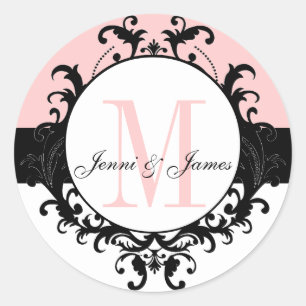 Bruiloft Monogram Namen Damask Roze Wit Label