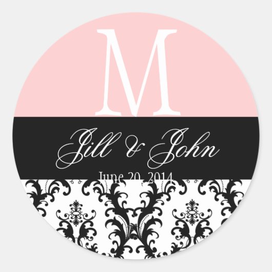 Bruiloft Monogram Namen Datum Damast Roze Seal Ronde Sticker (Voorkant)