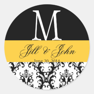 Bruiloft Monogram Namen Datum Damast Zwart Geel Ronde Sticker