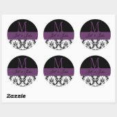 Bruiloft Monogram Namen Datum Damast Zwart Paarse Ronde Sticker (Vel)