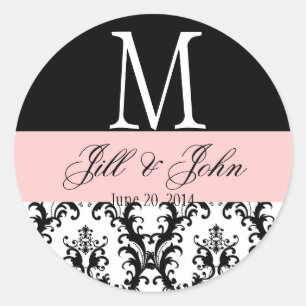 Bruiloft Monogram Namen Datum Damast Zwart Roze Ronde Sticker