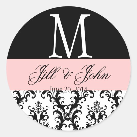 Bruiloft Monogram Namen Datum Damast Zwart Roze Ronde Sticker (Voorkant)