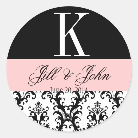 Bruiloft Monogram Namen Datum Damast Zwart & Roze Ronde Sticker (Voorkant)